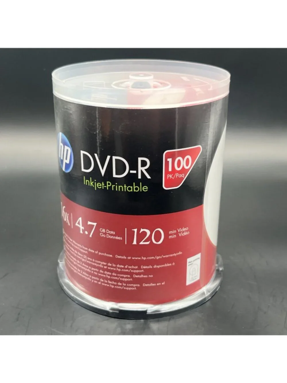 100 HP DVD-R DVD 16X Blank 4.7GB White Inkjet Printable Disc Spindle Cake Box